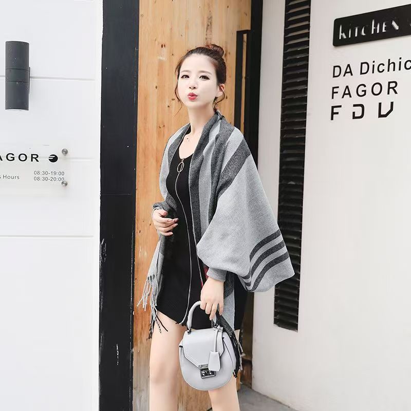 New Style with Sleeves Knitted Women Shawl Double-sided Cape Jacket Plaid Knit Thickened Warm and Skin Friendly Cardigan