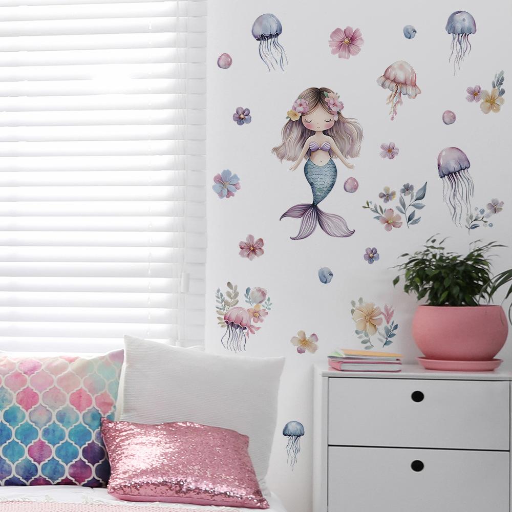 Mermaid Princess and Jellyfish Wall Sticker Self-Adhesive Removable for Bedroom Living Room Background Home Decor