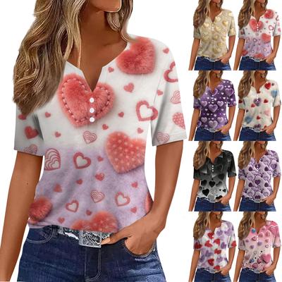 Women's Fashion Casual V,Neck Short,Sleeve T,Shirt With Decorative Buttons And Valentine's Day Print Top