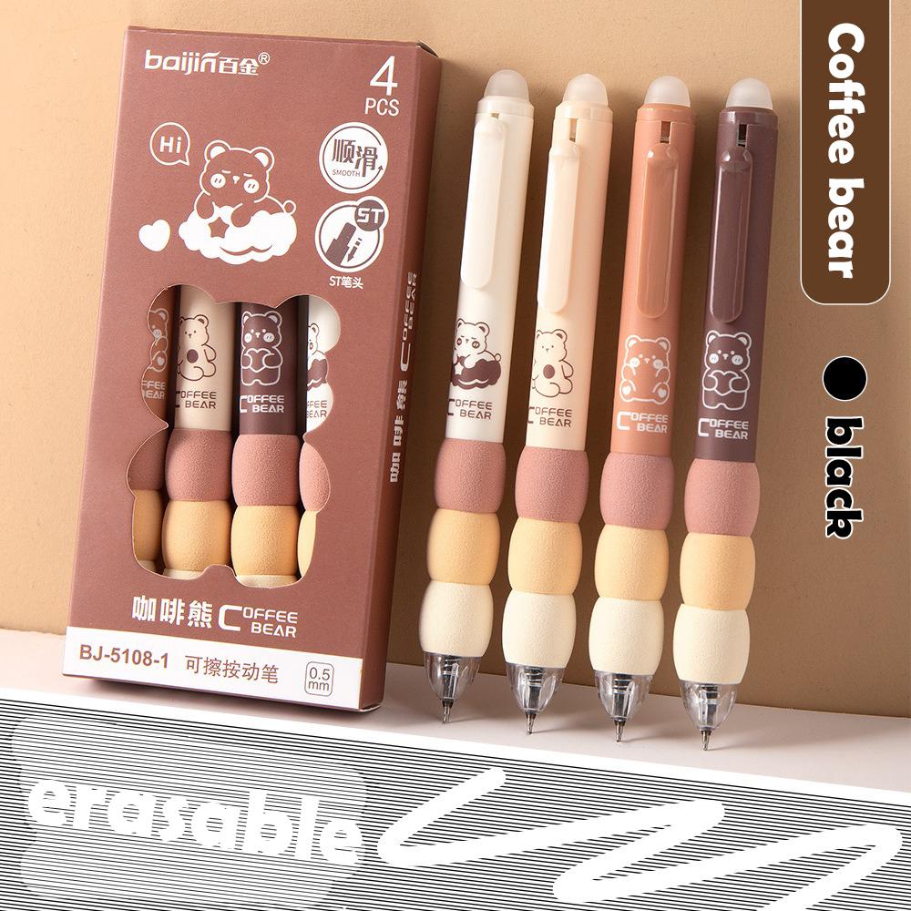 4Pcs Cartoon Erasable Gel Pens Kawaii Black Ink Quick-Drying Writing Smooth Elegant Neutral Pens Aesthetic Students Stationery