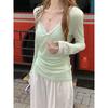 Thin V-neck Tencel sunscreen blouse long-sleeved T-shirt women's top spring with chest pad, sling vest two-piece package