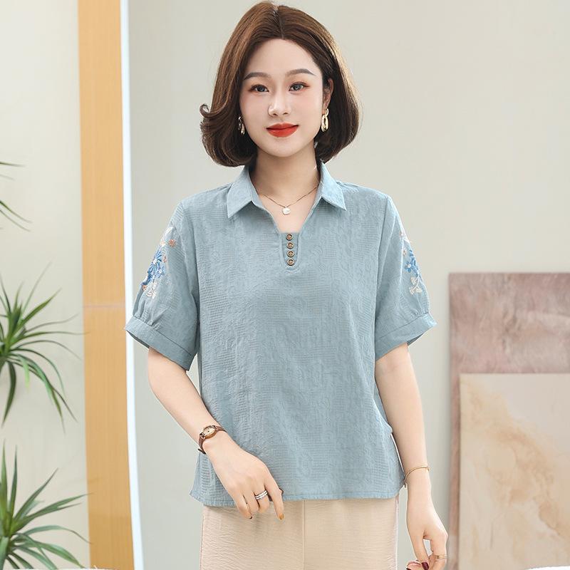 

Embroidered Cotton-Linen Shirt: Women s Short Sleeve Loose Casual Top 5XL (150-160 lbs)