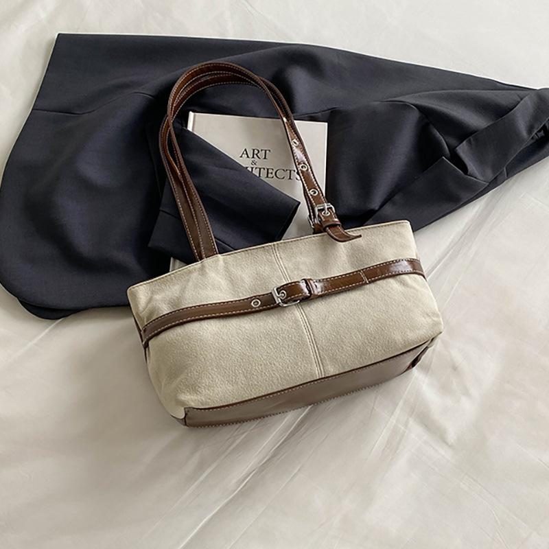 Retro Color‑Block Tote Bag, Metal Buckle Belt Accessory, Riveted Adjustable Shoulder Strap, Spacious Tote For Daily School, Office, Shopping Use
