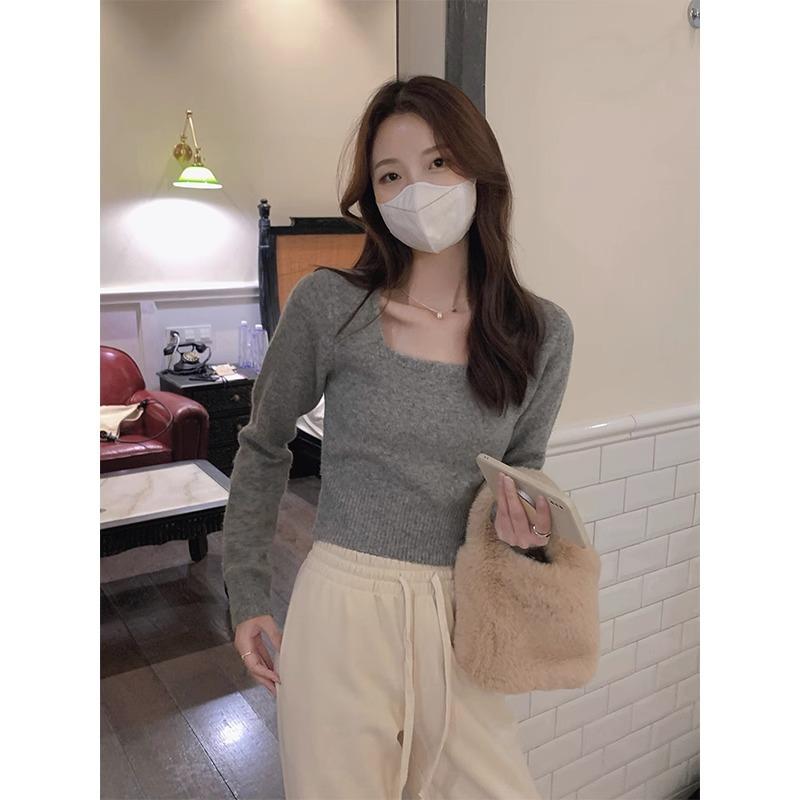 Hot Girl Sexy Clavicle Square Neck Pullover Sweater for Women Autumn and Winter Slimming Thickened Sweater Bottoming Inner Top