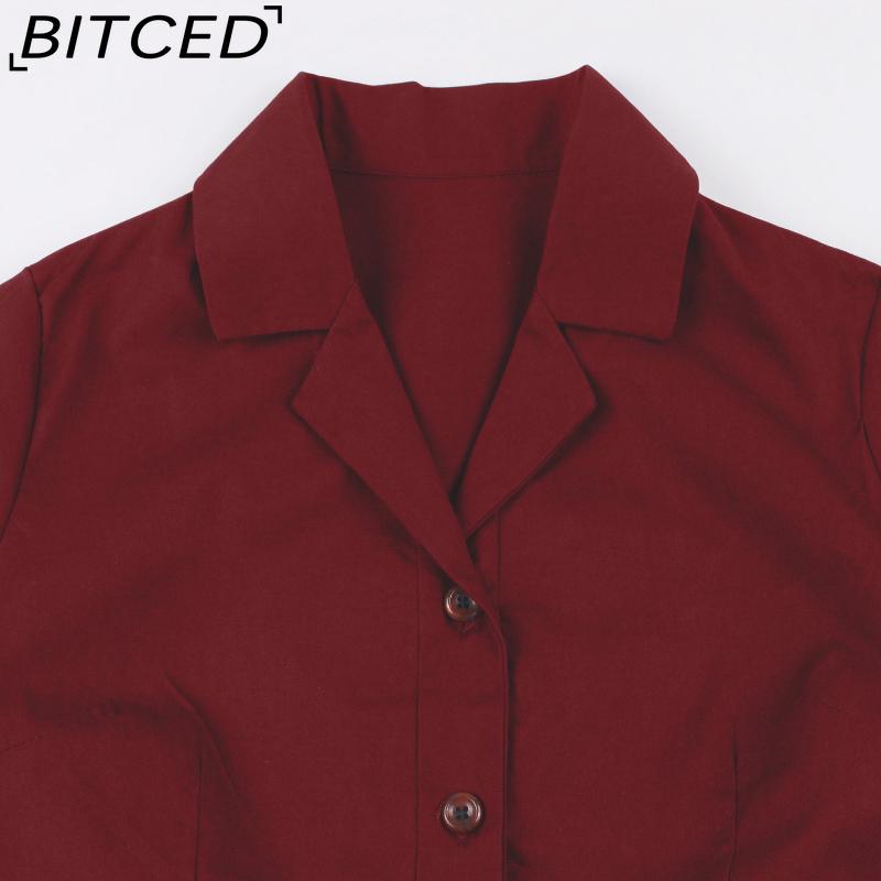 BITCED Women's Single-Breasted Wide-Skirted Retro-Style Waist-Cinched Solid-Colour Dress