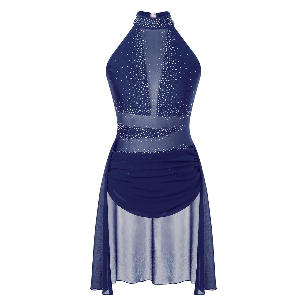 Womens Lyrical Dance Performance Costume Glittery Rhinestone Backless Dress Mock Neck Sleeveless Mesh Leotard Dresses