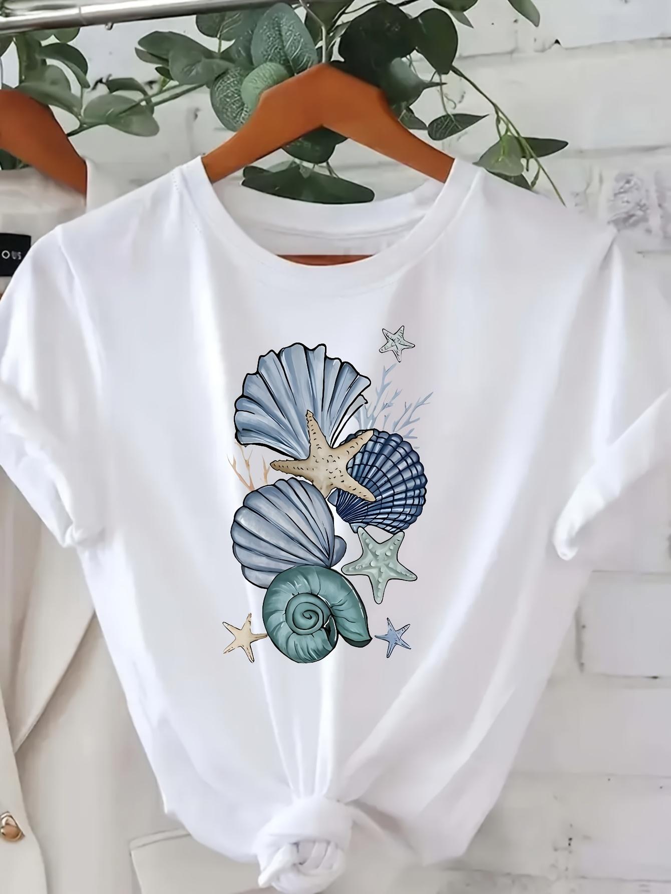 Womens Casual Short Sleeve with Seashell Starfish Graphic Pntri Harajuku Short Sleeve Casual Womens Tshirt Summer Clothing S