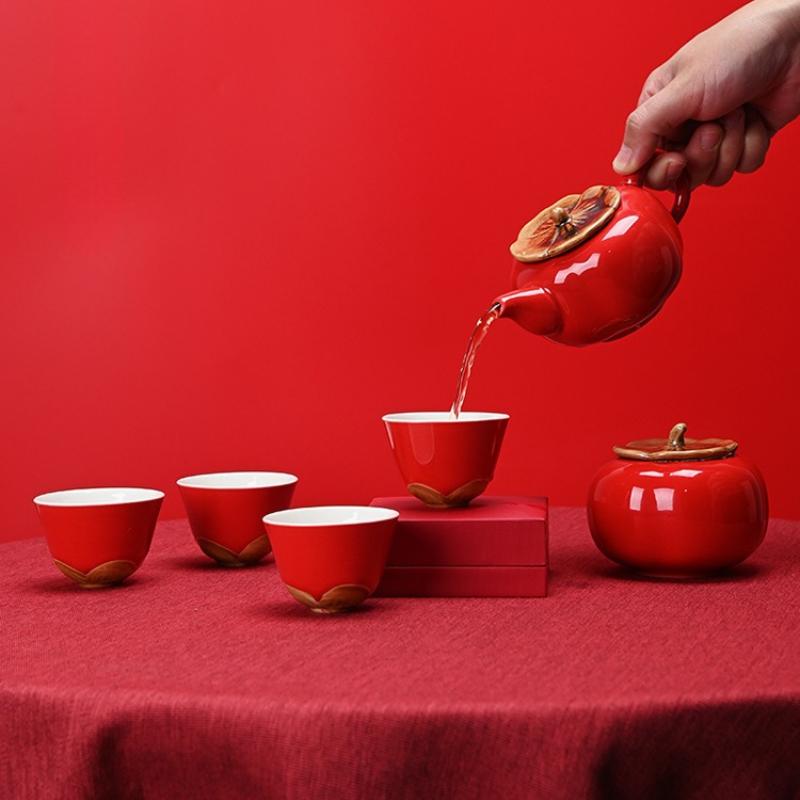 Lucky Persimmon RedTeaSet GiftBox - Chinese Festive Ceramic Tea Ware for Clients Business Gifts & Home DecorationElegant Present