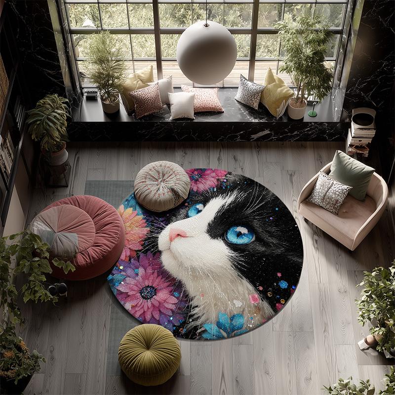 Flower Black and White Cat,Round Area Rug,Carpet Rug for Living Room Bedroom Sofa Playroom Decor,Non-slip Floor Mat