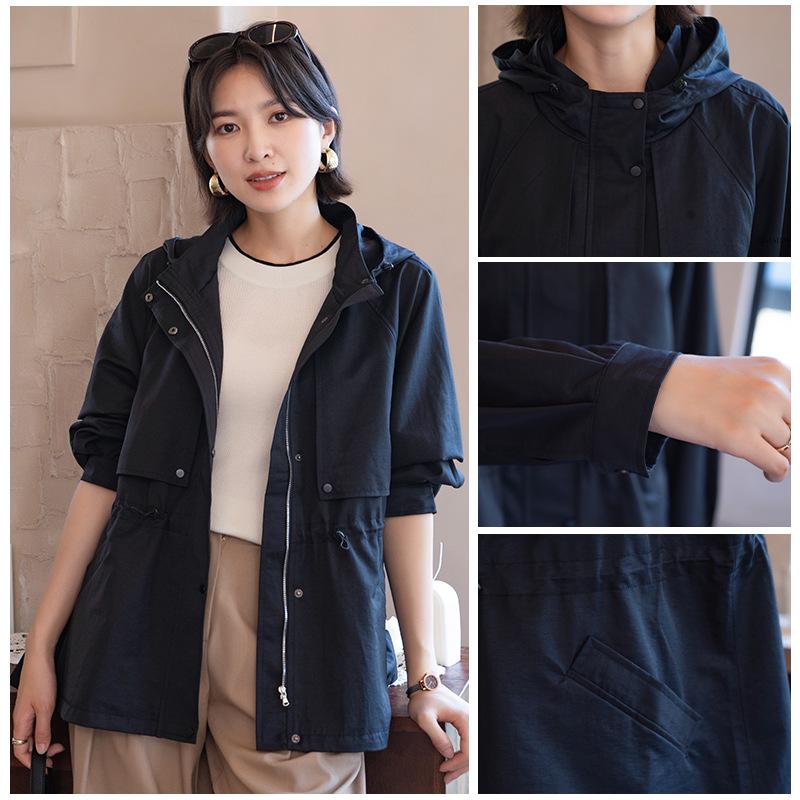 YUN Hooded Mid-Length Casual Trench Coat - Solid Color, Zipper, Loose Fit, Lightweight