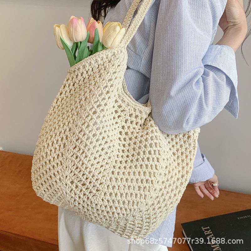 Casual Large-capacity Cotton Thread Woven Bag, New Openwork Straw Bag, Lazy Style Shoulder Bag, Vacation Beach Bag, Women's Bag