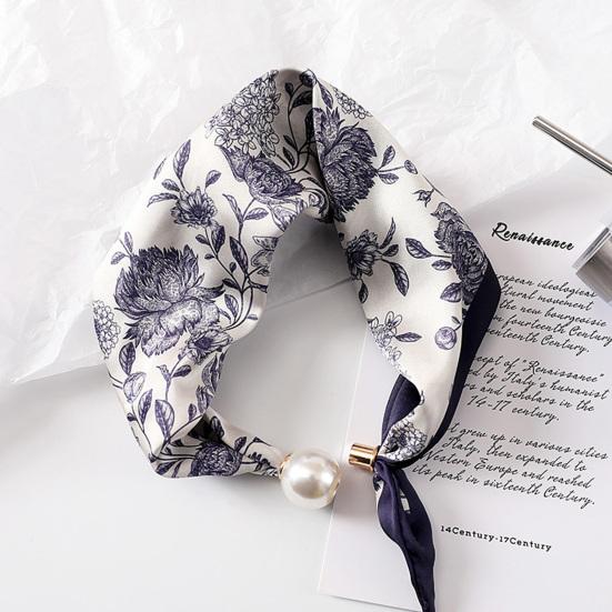 Women Silk Scarf Striped Leopard Dot Print Silk Scarf Necklace with Faux Pearl Magnetic Buttons Formal Wear Accessories