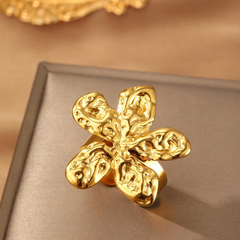 Stainless Steel Gold Color Flower Rings for Women Men Geometric Irregular Texture Opening Adjustable Finger Rings Jewelry Gifts
