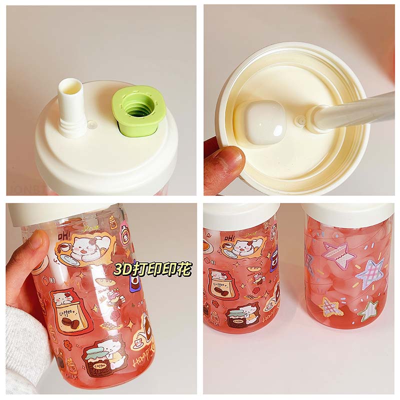 Kawaii Glass Water Bottle For Girls With Straw New Bubble Juice Milk Tea Cup Student Heat-resistant Glass Drinking Bottle 500ML