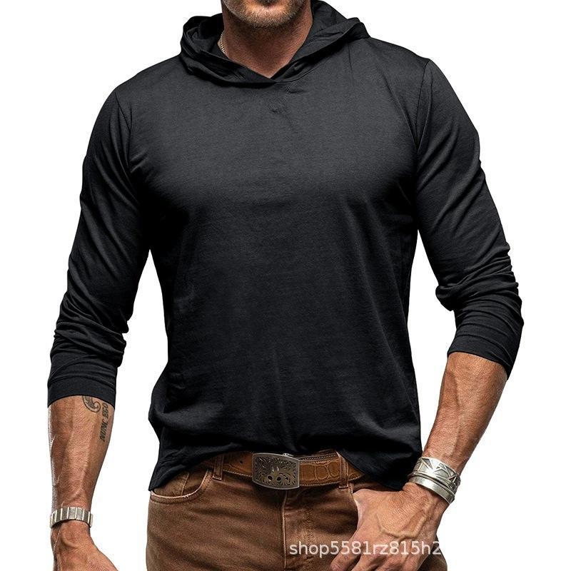 

Men s Autumn Winter Solid Color Long Sleeve T-Shirt Pure Cotton Hooded Base Shirt Outdoor Top Basic Style S