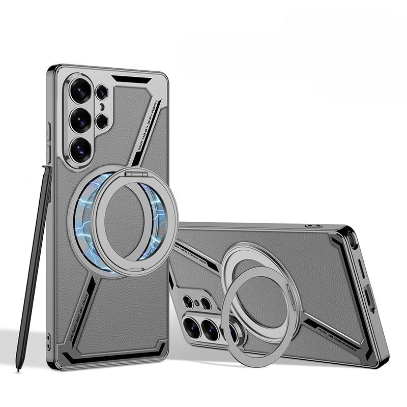 Samsung S26Ultra Built-in Magnetic Wireless Ring Mobile Phone Case Rotating Bracket Ring Z-shaped Electroplated Leather Case
