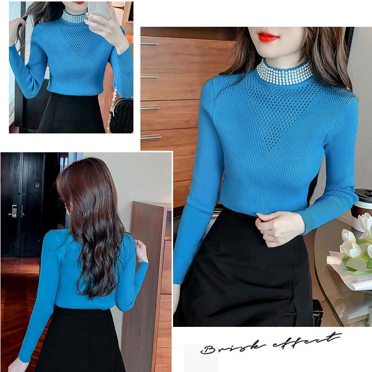 Women High Neck Sweater Slim Beaded Stretch Knit Sweater Fall and Winter Long Sleeve Pullover Knit Top