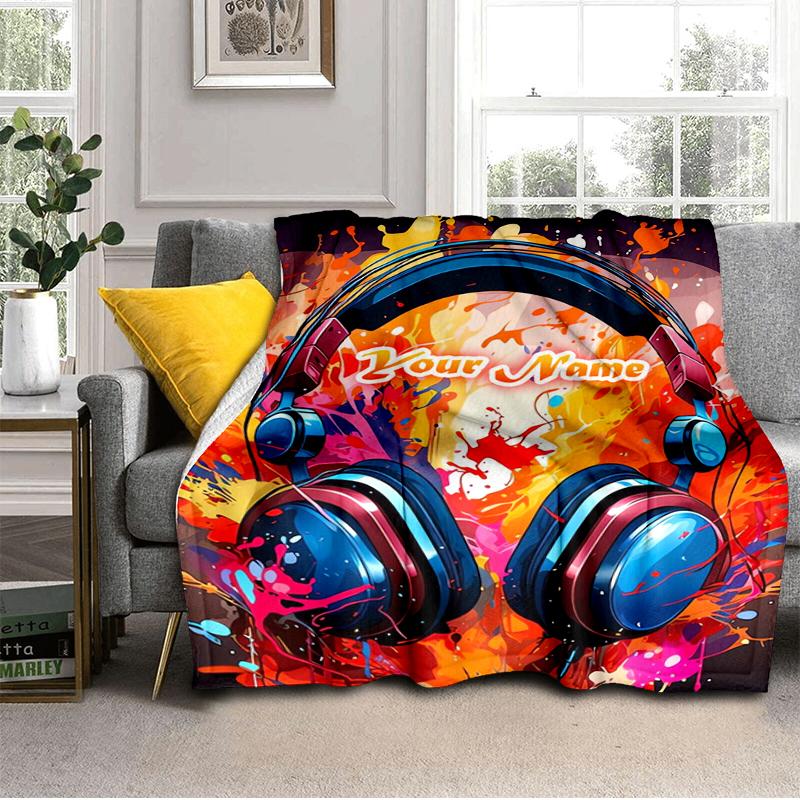 1PC Custom Name Music Headphones Artwork Flannel blankets Patterns Throw Blanket All-Season Soft Gift for Couch, Bed, Camping gifts