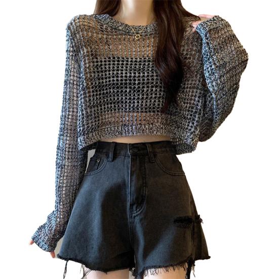 

Women Tops Solid Color Loose Fit Hollow Design Pullover Tops Pure Color Summer Thin Tops Sun Protection Short Cover Up Blouse серый