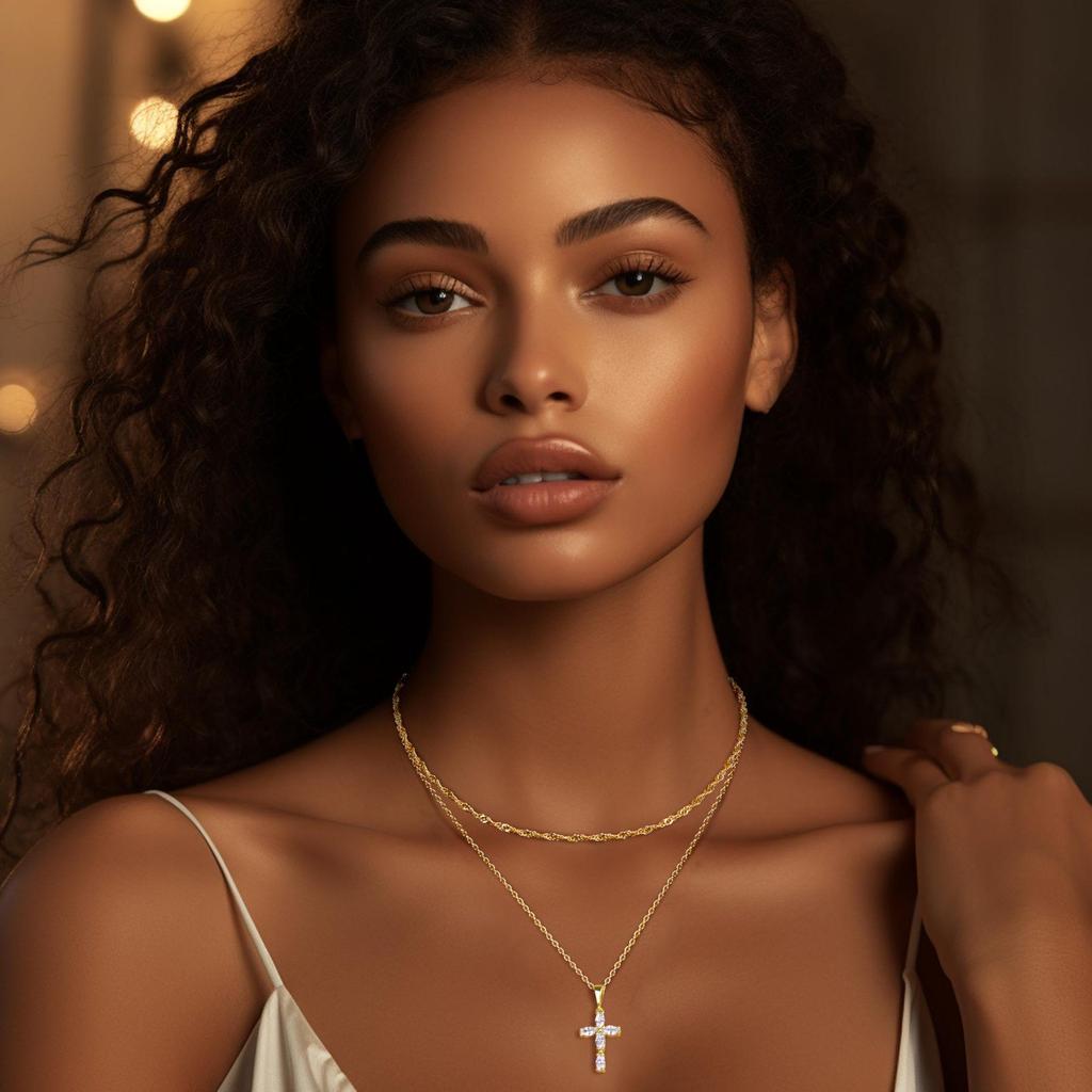 Eco-friendly 18K Gold Double Layer Cross Necklace with Marquise Zircon Water Wave Chain