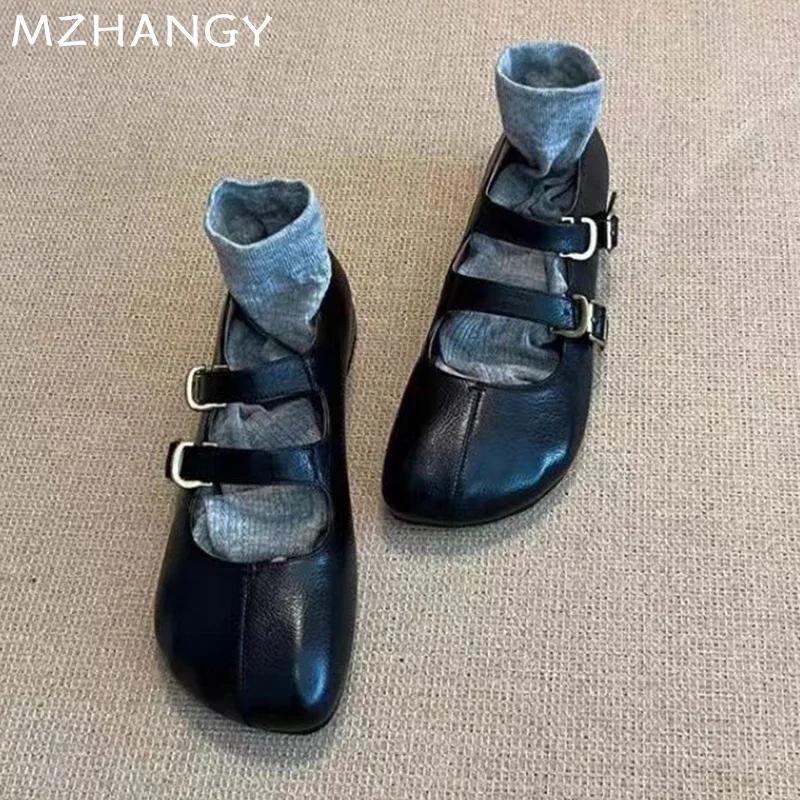Módní dámské kožené boty Mary Jane Mělké boty na podpatku s přezkou Žena 2024 Trend Podzimní baleríny Nová móda Mujer De Zapatillas