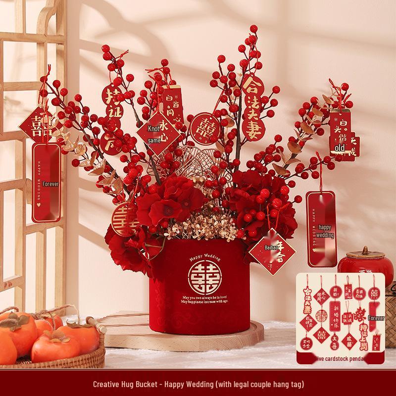 Engagement & Wedding Ornaments: Room Decor Bouquet & Double Happiness Bucket Set for Newlyweds - Ideal for Master Bedroom & Living Room.