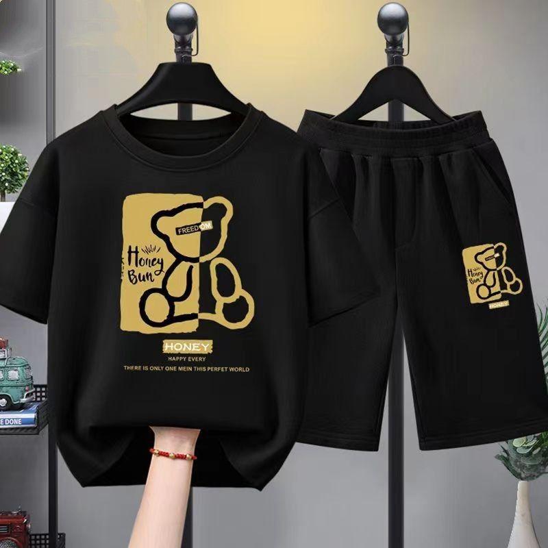 

Летний комплект детской одежды для девочек, футболки и шорты с принтом медведя из мультфильма для мальчика, комплект из 2 предметов, детская модная одежда, спортивные костюмы 160