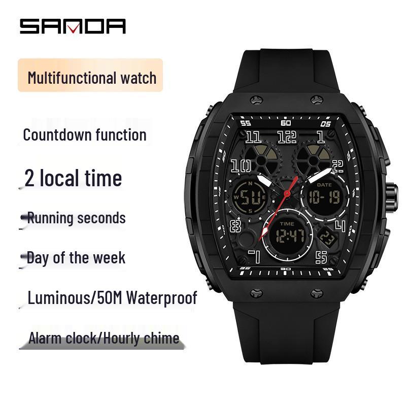 Sanda Dual-Movement Barrel Watch: Luminous Alarm, Large Dial, Multifunctional Student Watch.