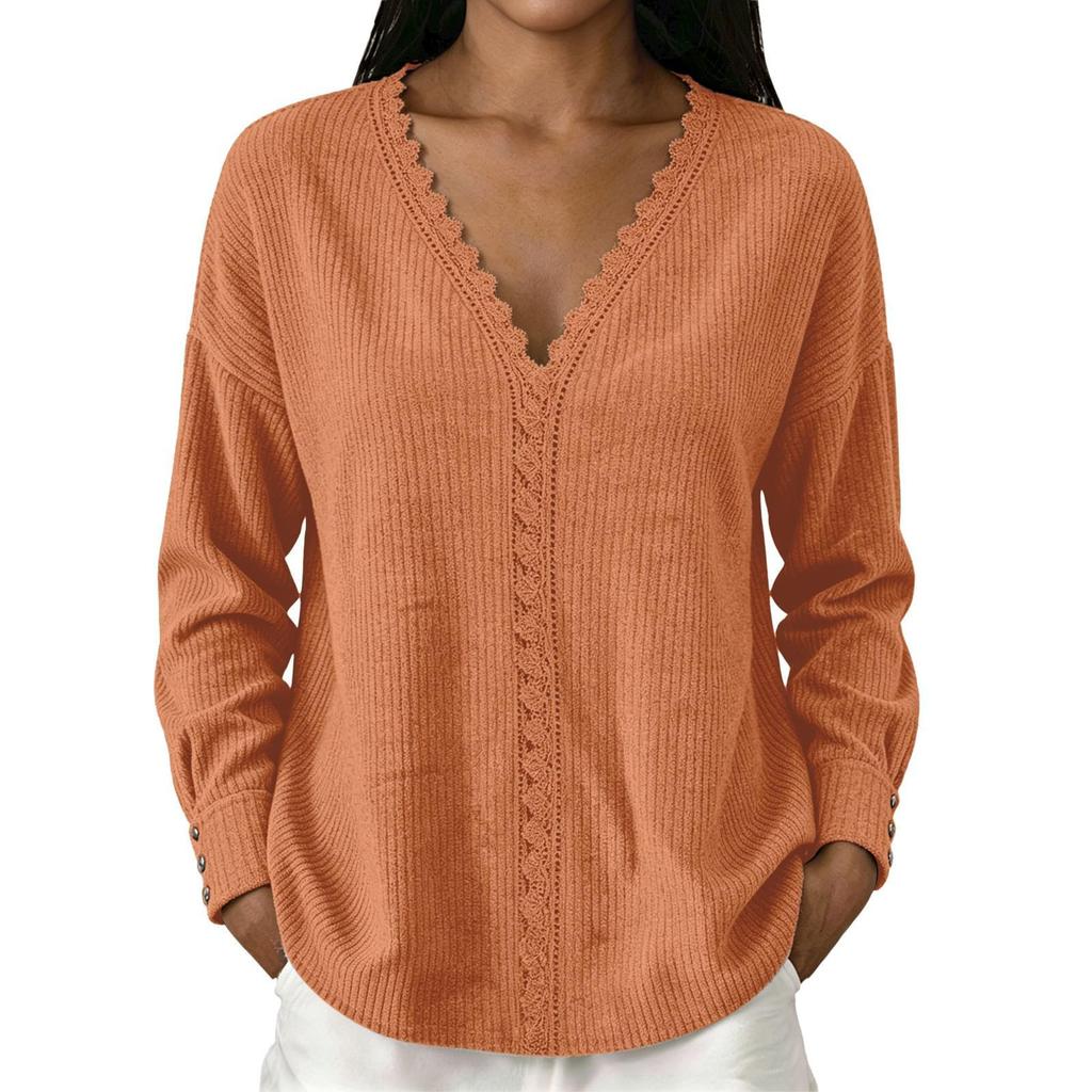 Women's Fashion Color Lace V-Neck Long Sleeve Loose Fit Blouse