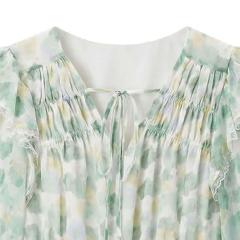 LEDING Floral V-Neck Tie-Waist Tiered Mini Dress