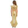 Girls Dance Crop Top with Flared Pants Mock Neck Sleeveless Mesh Rhinestone Ruffle Metallic Outfit Set