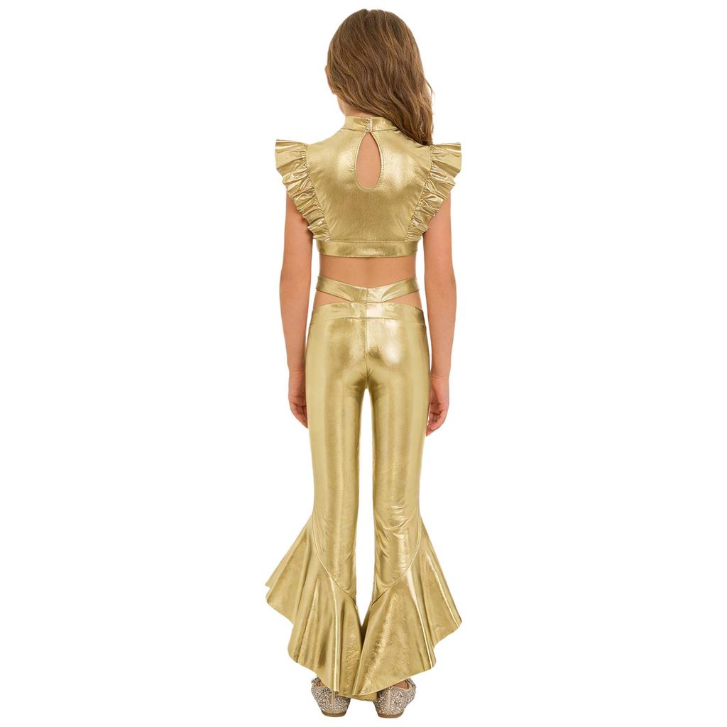 Girls Dance Crop Top with Flared Pants Mock Neck Sleeveless Mesh Rhinestone Ruffle Metallic Outfit Set
