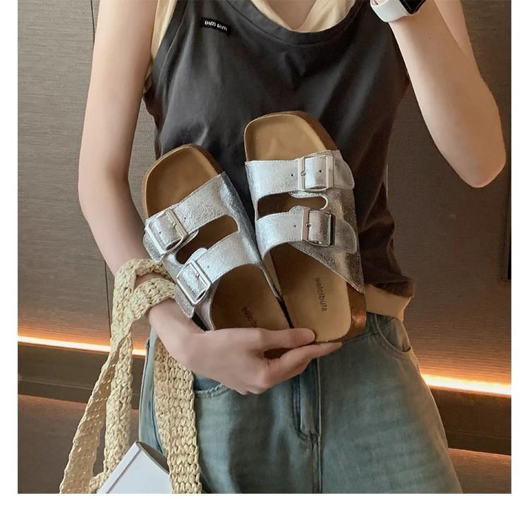 Grape mother of the same style, thick-bottomed Boken slippers for women, double-breasted, thin, non-slip, lazy, one-word drag, female leather.