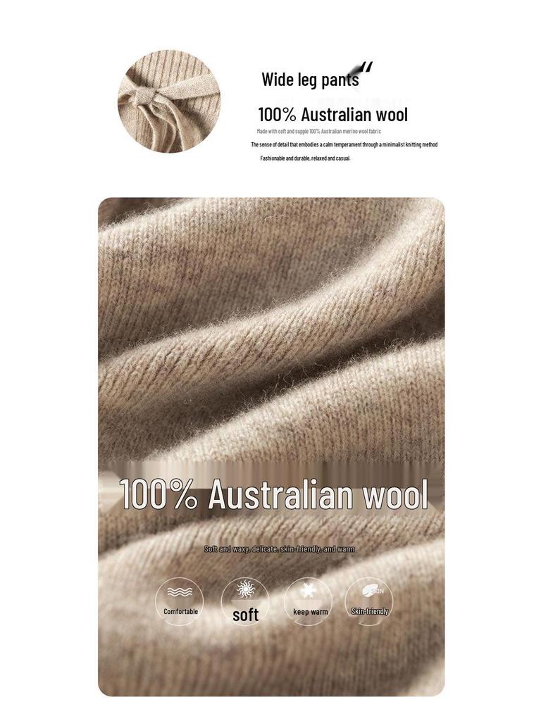 Women's High Waist Wool Wide Leg Pants - Autumn/Winter Casual Floor-Length Knitted Trousers