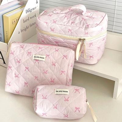 Pink Bow Cosmetic Bag Women Quilting Cosmetic Pouch Large Capacity Makeup Bag Portable Zipper Toiletry Organizer Handbag