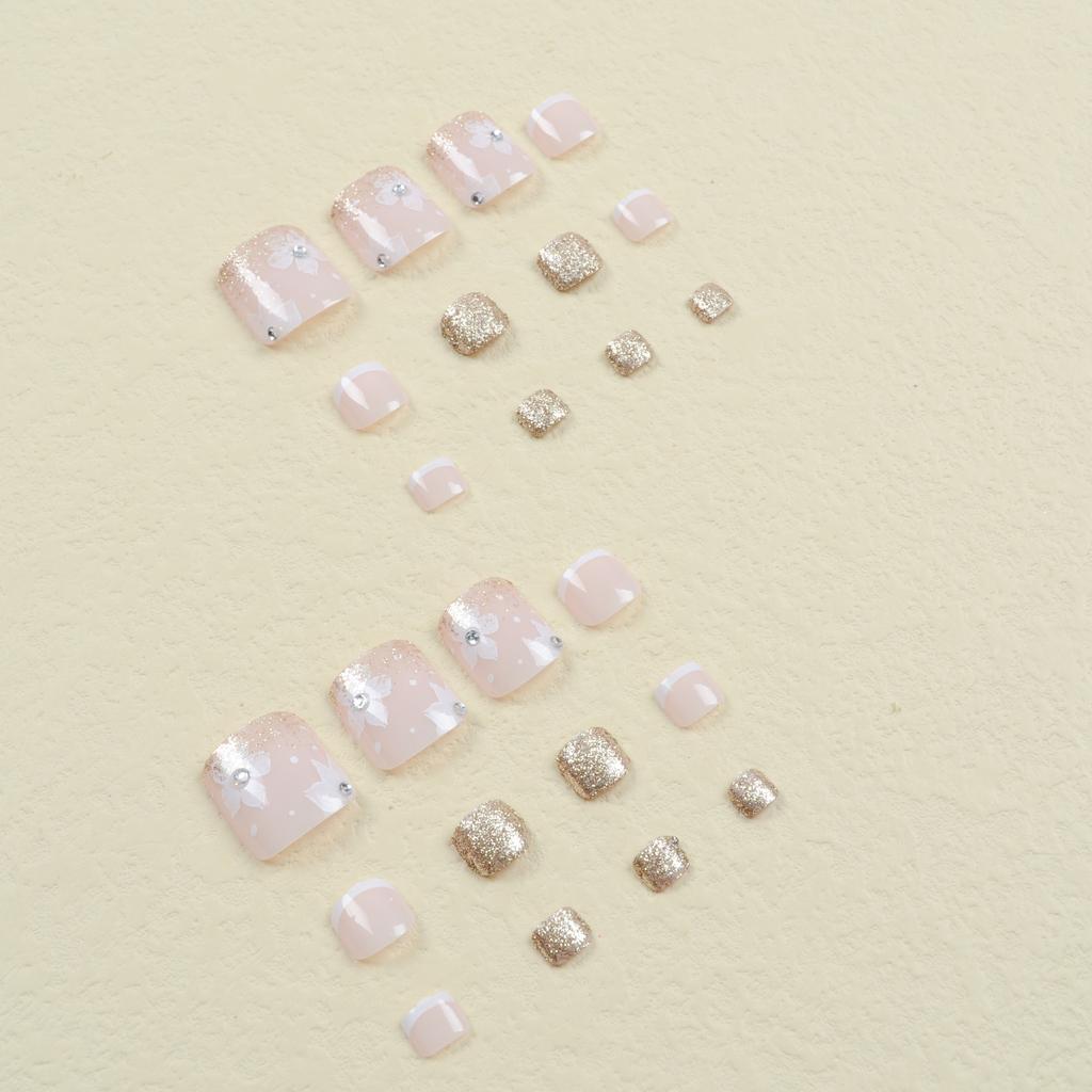 24pcs Shimmering Golden Glitter Flower False Toenails with Dazzling Rhinestones - Ultra-Glossy, Full Cover, Short Square Press-On Nails 