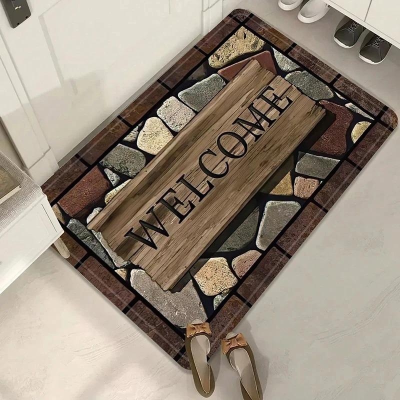 Vintage Welcome Patterned Area Rug Artistic Stone Wood Print Carpet Soft Non Slip Floor Mat For Entryway Doorway Home Decor