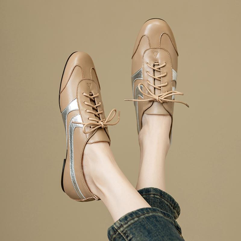 Fashion Women's new leather cowhide round toe spring and autumn low heel plus large lace up casual and comfortable sports single shoe