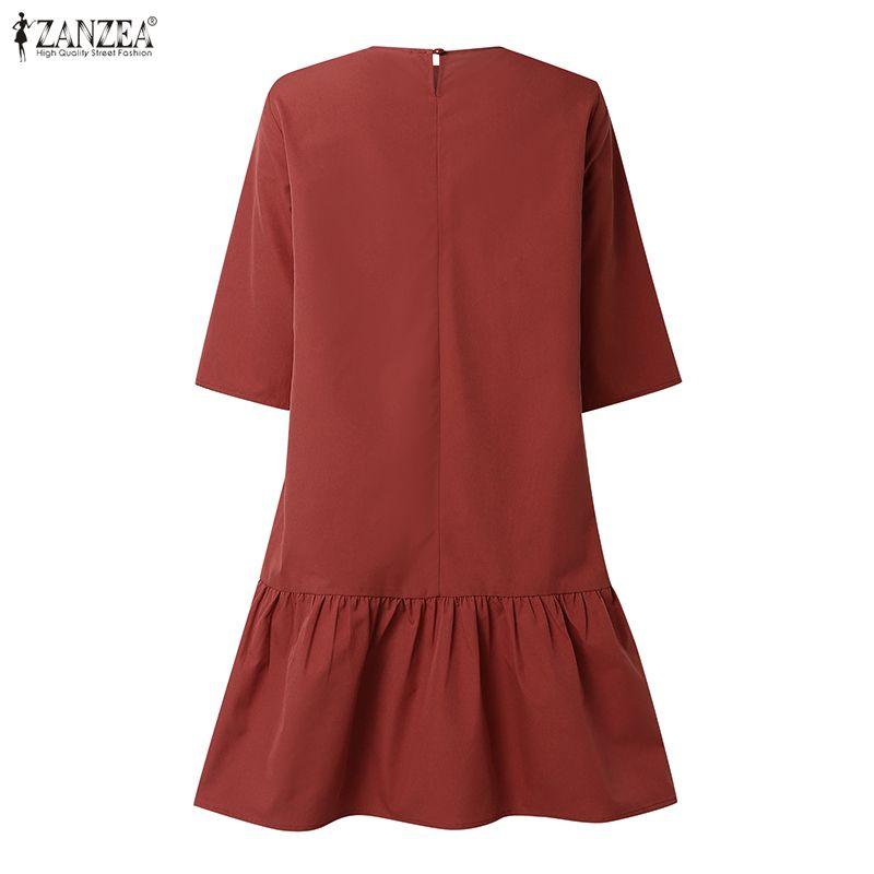 ZANZEA Women Casual Round Neck Solid Color Half Sleeve Dress