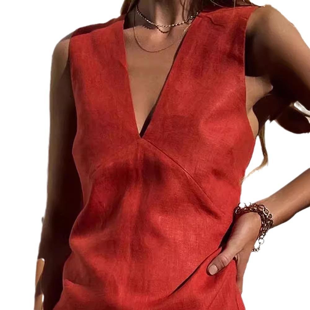 QICED V-hals Katoen Linnen Mouwloze Jurk Dames Zomer Effen Kleur Slim-fit Vestrok