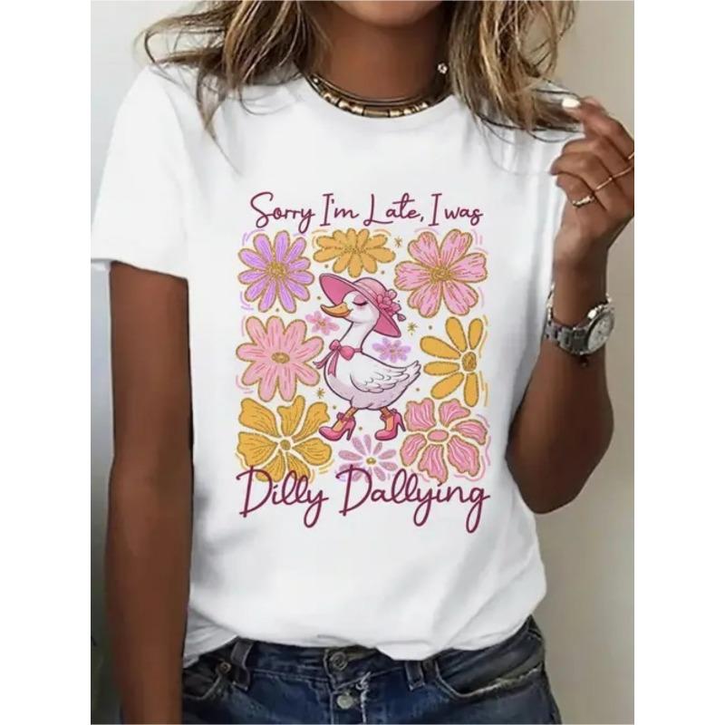Women Casual Dilly Dallying Duck Print Loose Crew Neck Short Sleeve Tee S белый