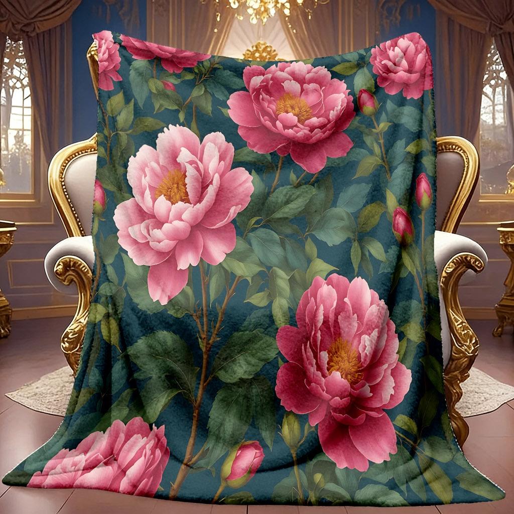 A 2D Dark Green Flannel Blanket with a Pink Peony Floral Pattern, Featuring Soft High-definition Digital Printing. This Cooling Blanket Is Suitable Fo