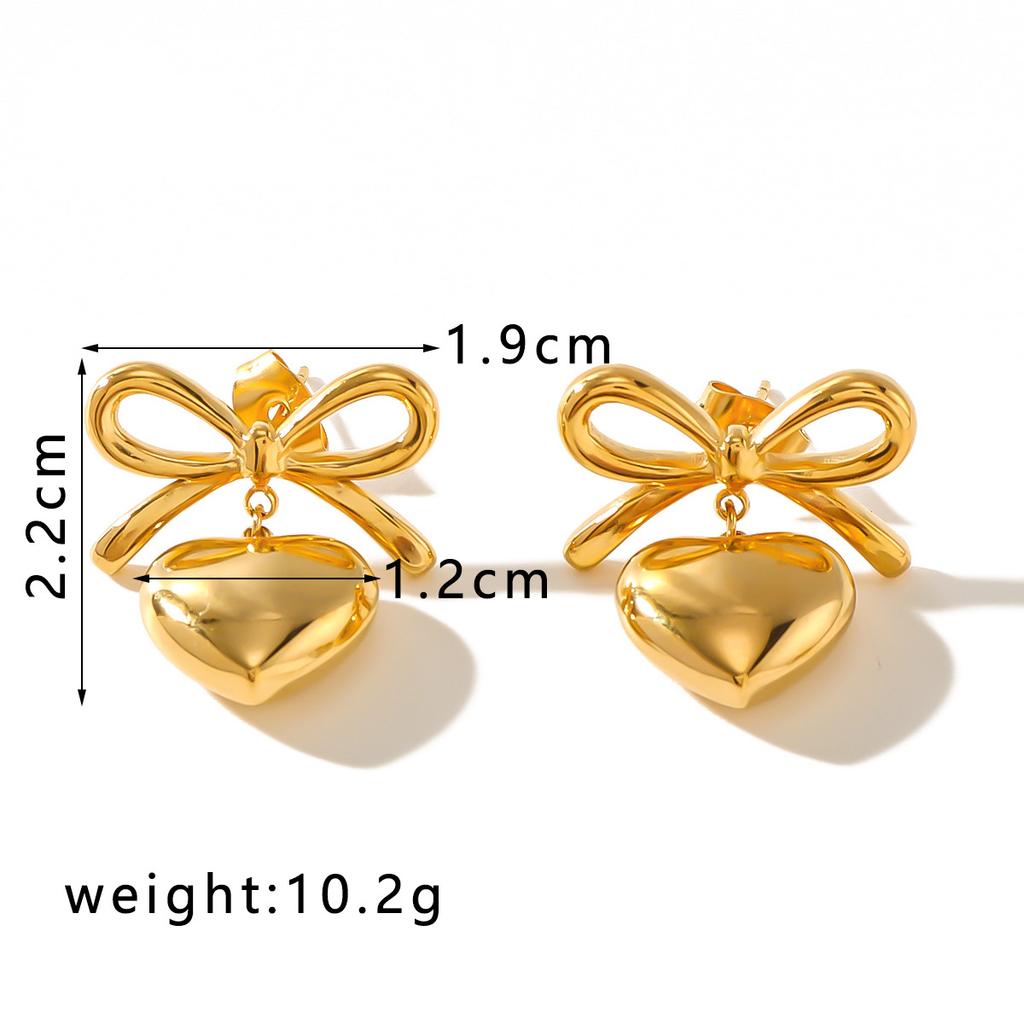 Gold Color Peach Love Drop Bowknot Earrings For Women Stainless Steel Stud Ear Accessory