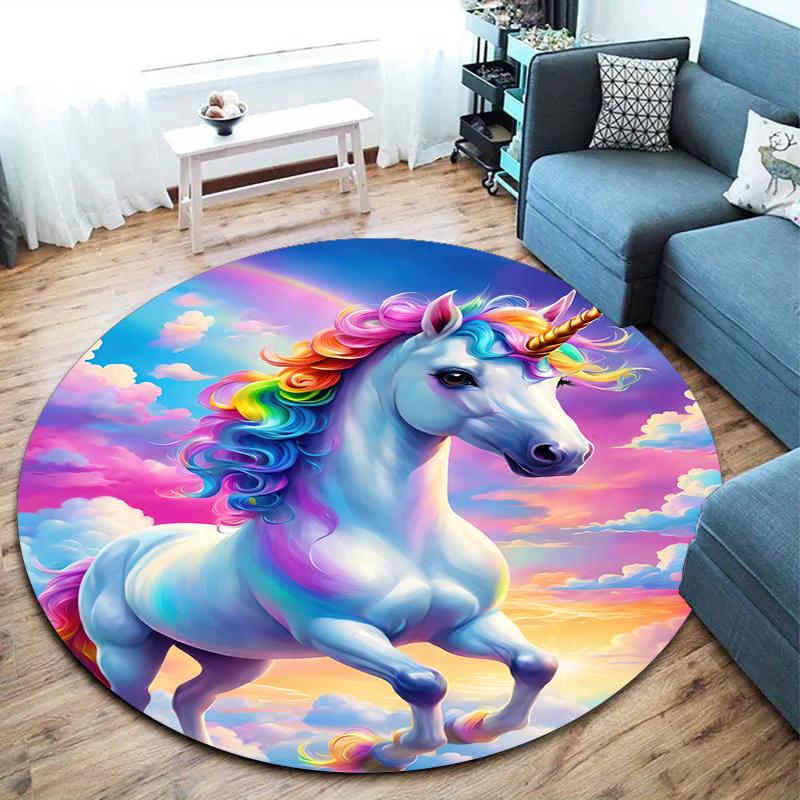 1Pc Cute Unicorn Circular Print Rug - Home Decoration Carpet For Living Room Bedroom Flooring Computer Chair Area Rug
