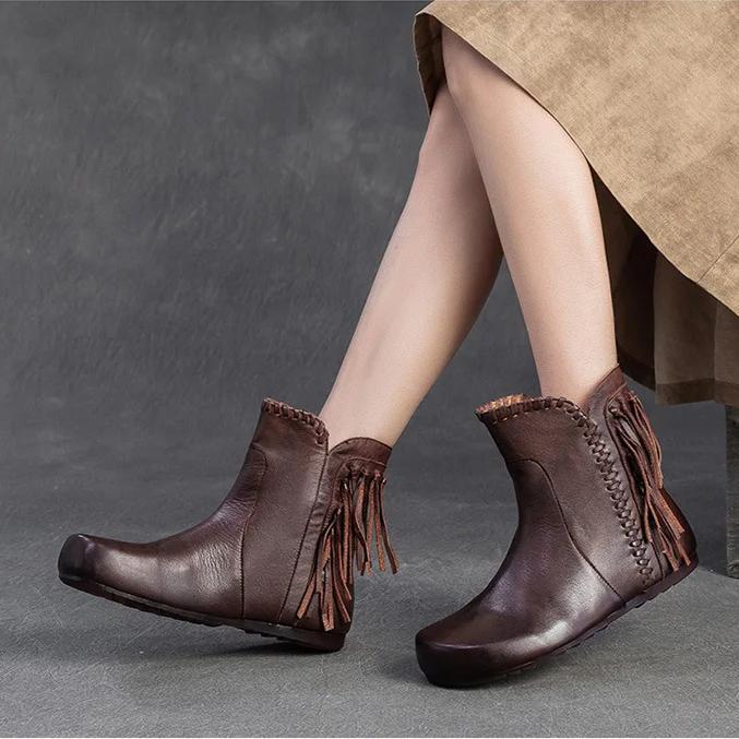 Johnature Retro Short Boots Genuine Leather Versatile Tassel Fashion Comfortable Women's Shoes