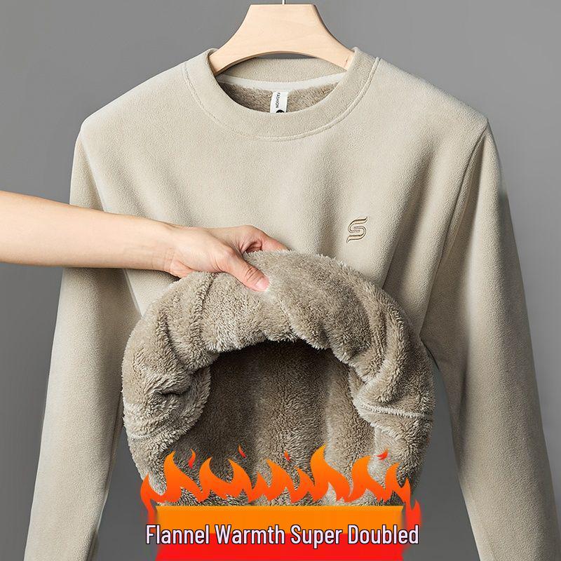 Men's Sherpa Fleece-Lined Sweatshirt: Thick, Warm, Round Neck Flannel Casual Top for Autumn and Winter