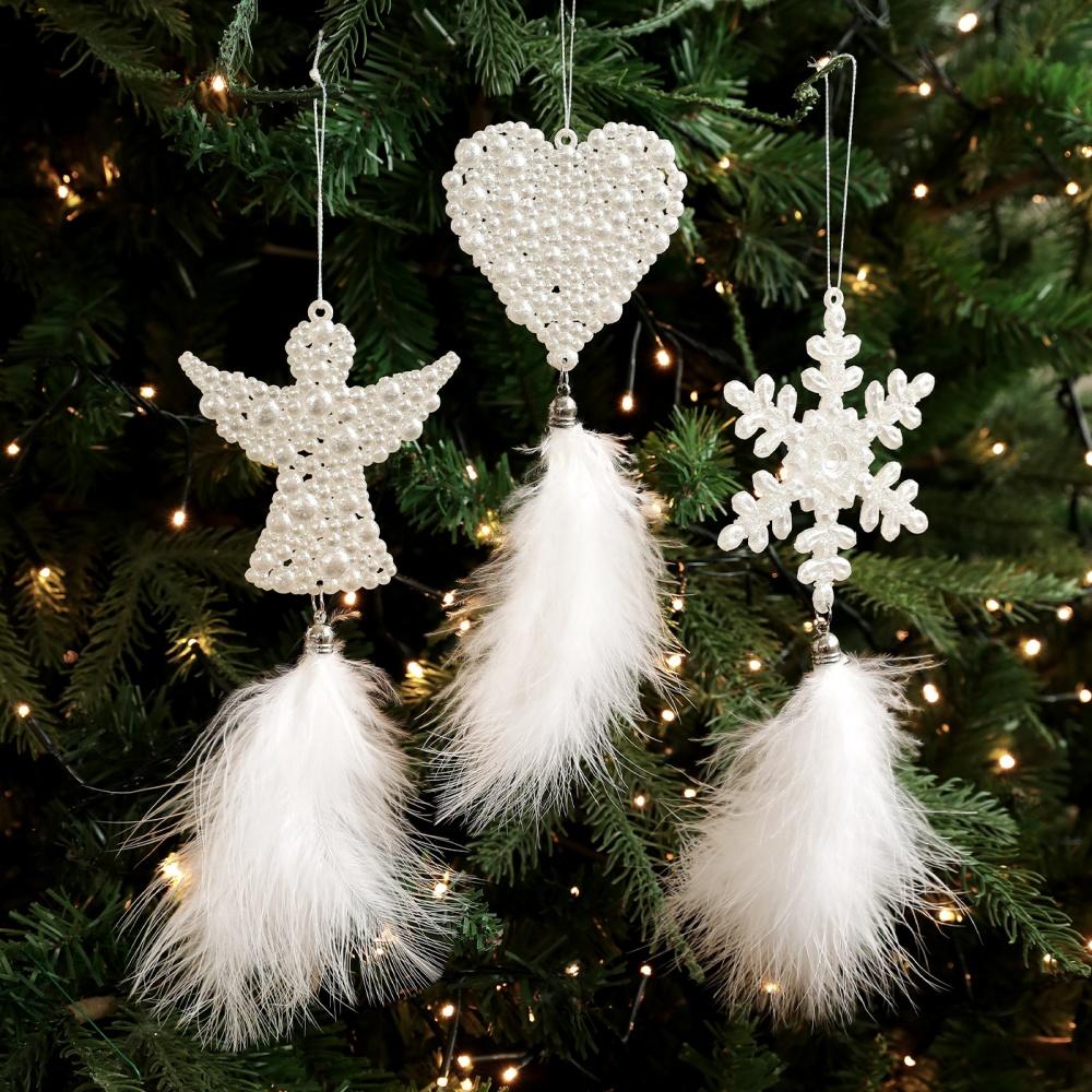 Christmas Tree Pendants White Feather Snowflake Angel Bell Hanging Ornament New Year Party Window Wall Christmas Decoration