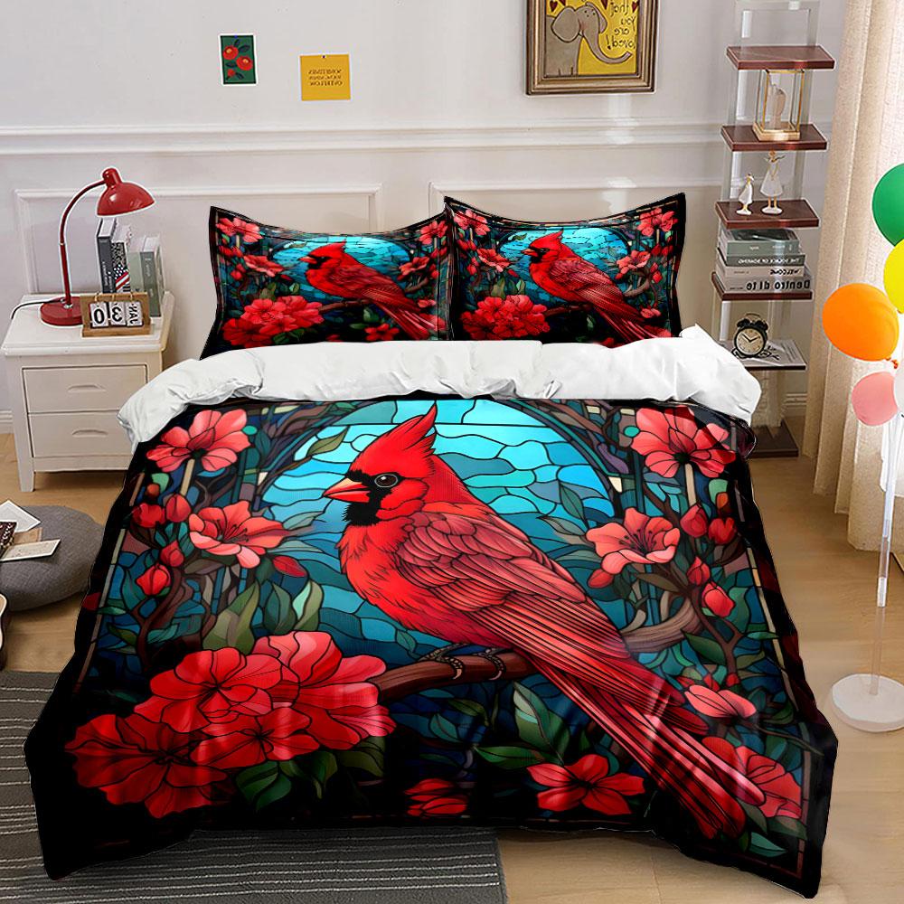 Vibrant Red Bird Stained Glass Decor Exquisite Three-Piece Bedding Set Gift For Kids And Adults