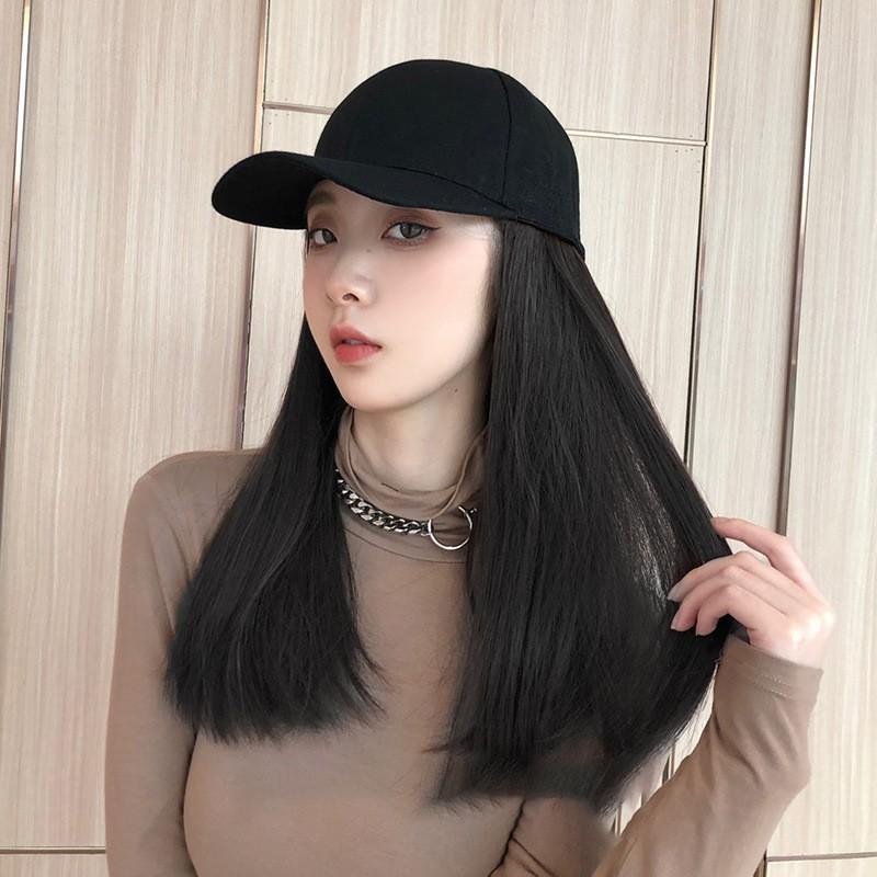 Black Hat Wig Women Long Straight Hair All-in-one Fashion Full Head Cover