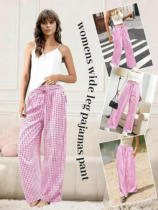 European Plaid Women's Wide-Leg Elastic High-Waist Pajama Pants with Drawstring